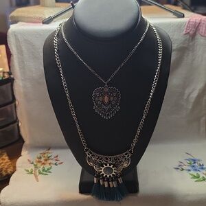 Layered Silvertone Heart Pendant Necklace Set - Silvertone